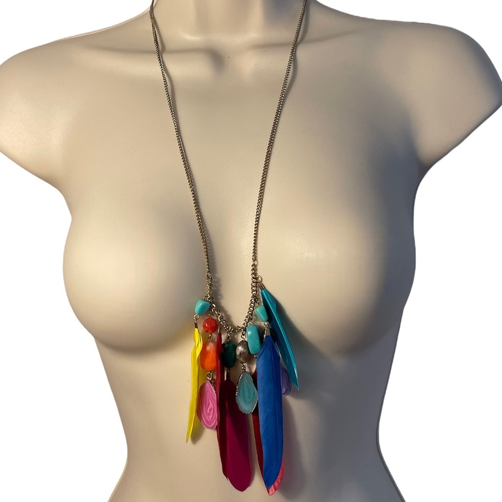 Colorful Stone and Feather Necklace